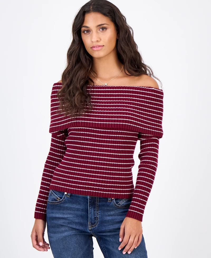 Madden Girl Juniors' Marilyn Off-the-Shoulder Ribbed Long-Sleeve Sweater