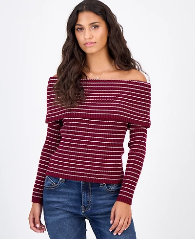 Madden Girl Juniors' Marilyn Off-the-Shoulder Ribbed Long-Sleeve Sweater