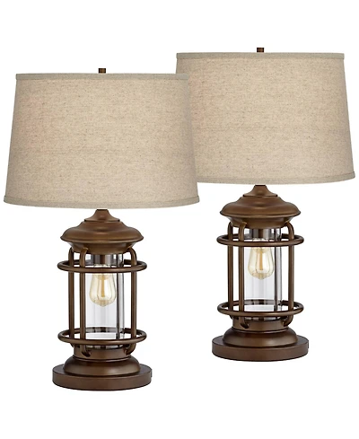 Franklin Iron Works Andreas 26" High Lantern Industrial Table Lamps Set of 2 Usb Port Night Light Metal Living Room Charging