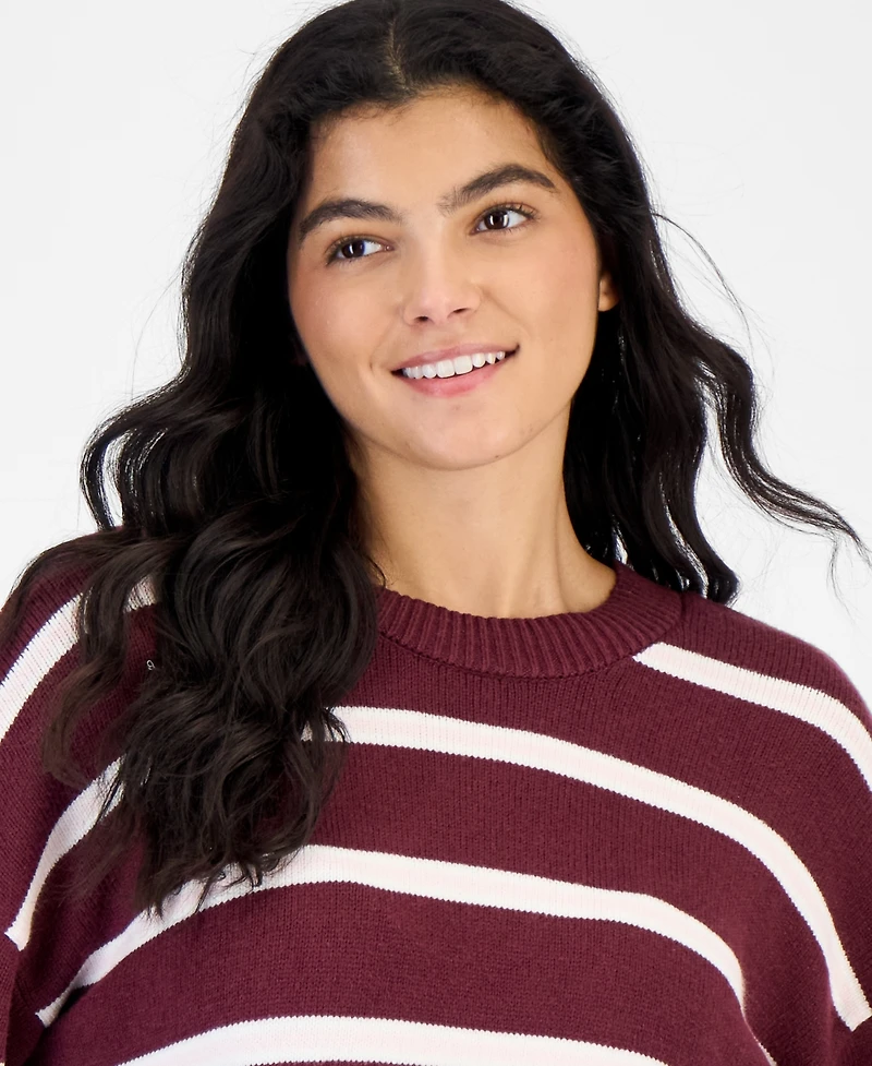 Hippie Rose Juniors' Striped Drop-Shoulder Crewneck Pullover Sweater