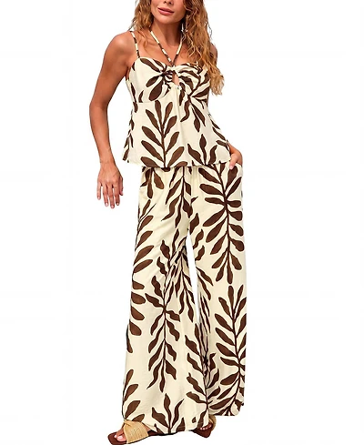 Cupshe Women's Leaf Print Keyhole Cami Top and Wide Leg Pants Matching Set