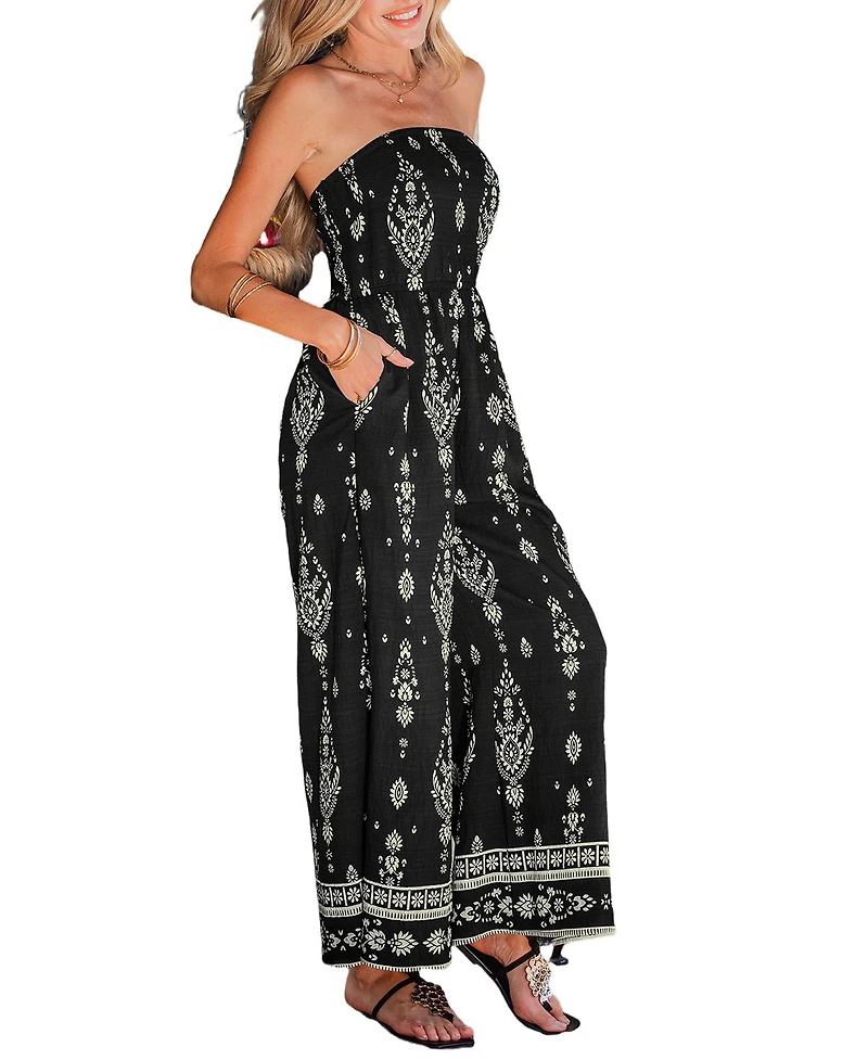 Cupshe Women's Bohemian Floral Strapless Wide Leg Jumpsuit
