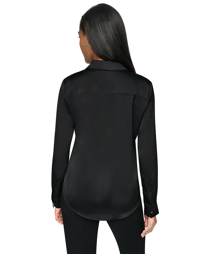 Dkny Petite Satin Front-Button Long-Sleeve Top