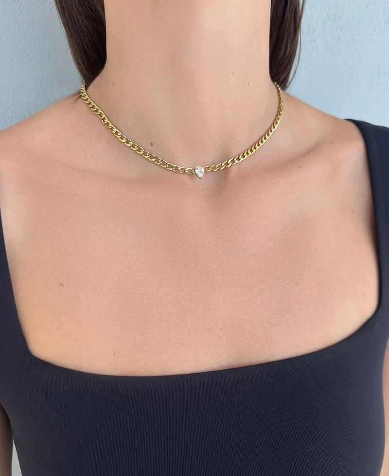 Adornia Tarnish Resistant Gold Cubic Zirconia Center Flat Curb Chain Necklace
