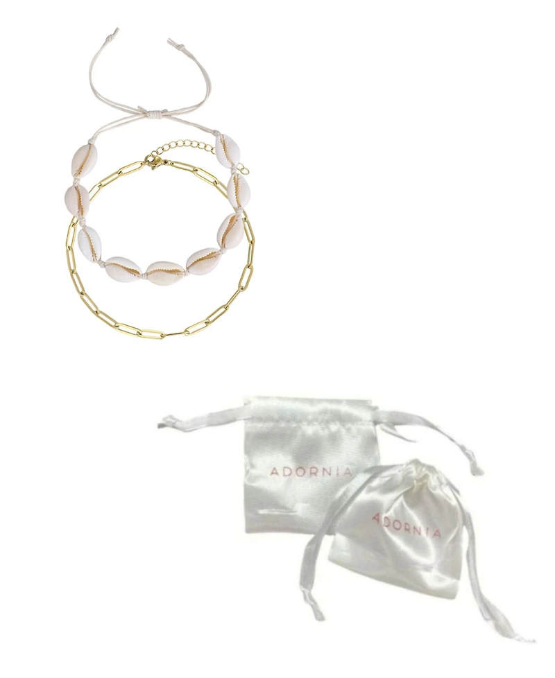 Adornia Tarnish Resistant Gold Set of 2 Adjustable Shell and Paperclip Link Anklet Set
