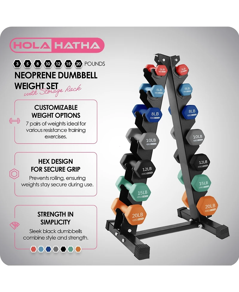 HolaHatha 146 Pound Neoprene Dumbbell Full Body Weight Set with Storage Rack