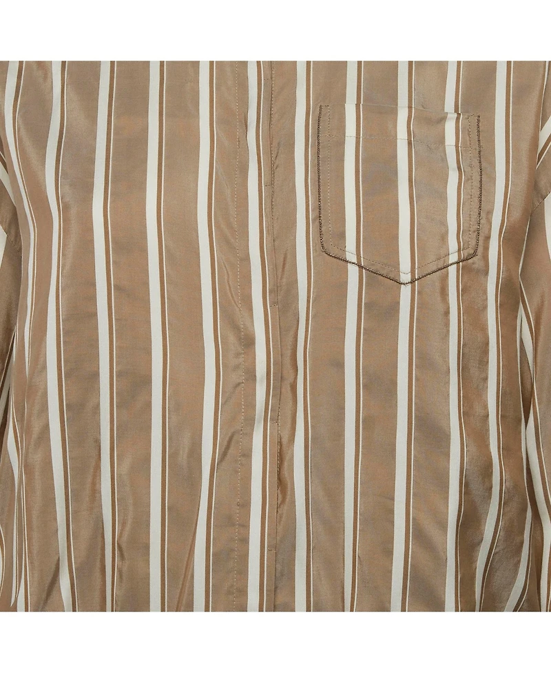 Pre-Owned Brunello Cucinelli Women's Striped Silk Monili-Trim Drawstring Blouse