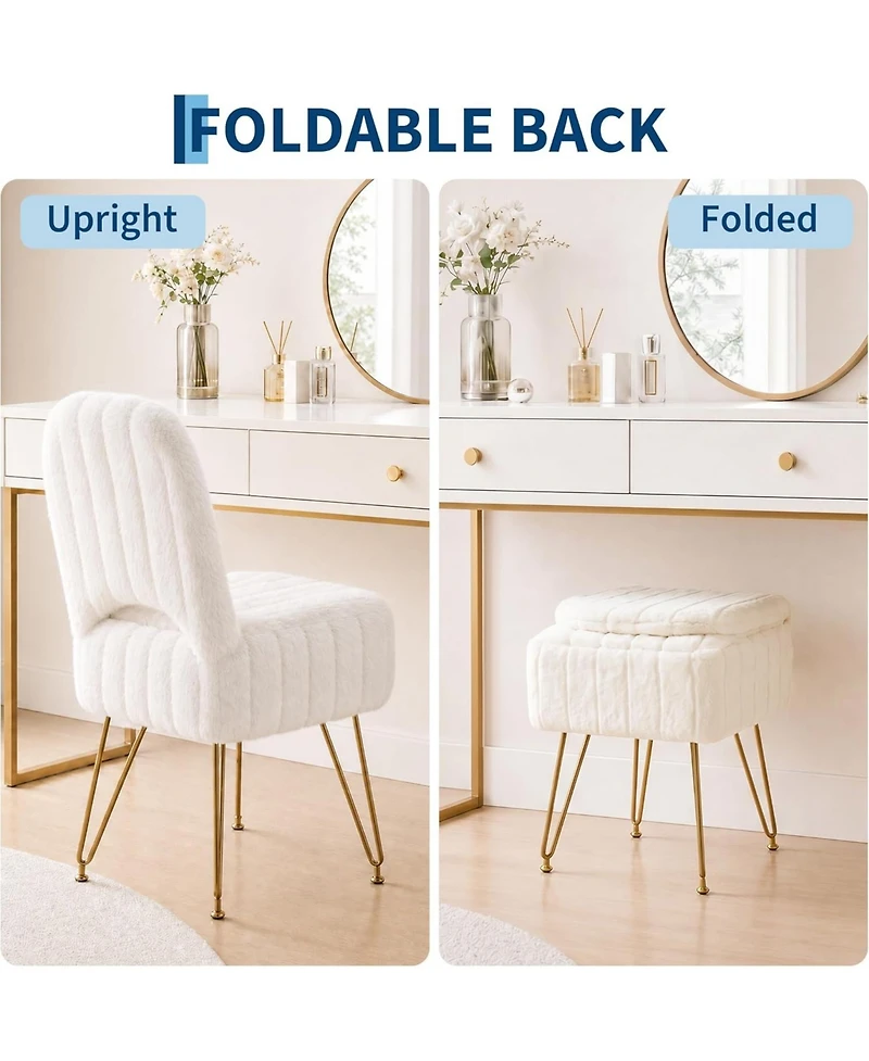 gaomon Vanity Stool Chair with Backrest, Square Ottoman with Hidden Storage Compartment, Soft Faux Fur Fabric, 280 Lbs Weight Capacity, Modern Style