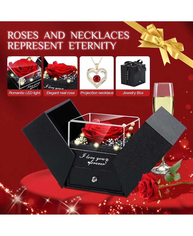 Lovery 5-Piece Preserved Rose with Led Lights, Double Heart Necklace and Acrylic Box Gift Set