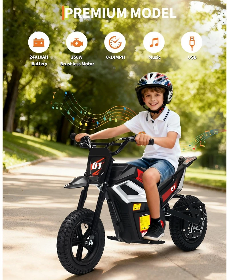 homfan 45.7 x 21.3 26.4 Inch Kids Electric Ride On Motorcycle 24V Battery Powered Toy Bike with 350W Motor for Outdoor Riding