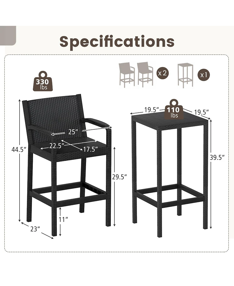 Gymax 3 Piece Patio Bar Set Bistro Table and Chairs with Heavy Duty Metal Frame