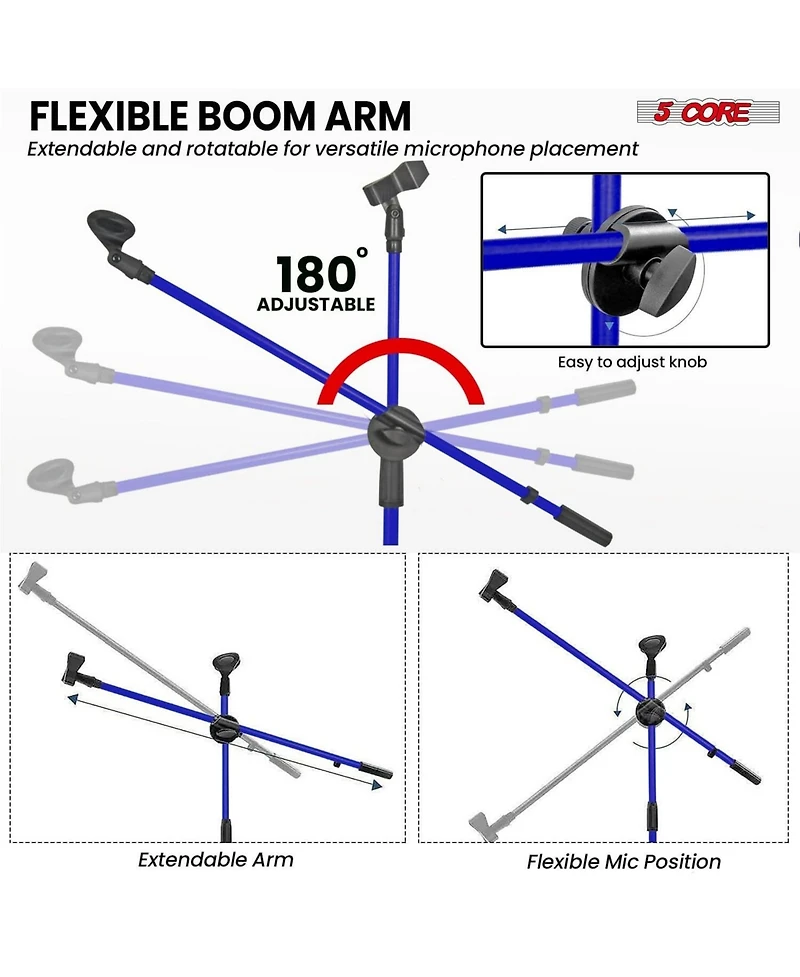 5 Core Mic Stand 2 Pieces Floor Height Adjustable Tripod Microphone Stands With Extending Telescoping Boom Arm
