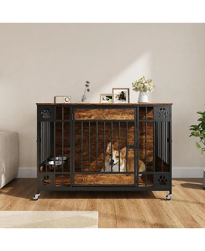 homfan 41 Dog Crate Furniture with Triple Doors and Feeder – Indoor Pet Kennel with 2 Bowls, Lockable Wheels, Bolt-Latch Doors