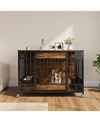 homfan 41 Dog Crate Furniture with Triple Doors and Feeder – Indoor Pet Kennel with 2 Bowls, Lockable Wheels, Bolt-Latch Doors