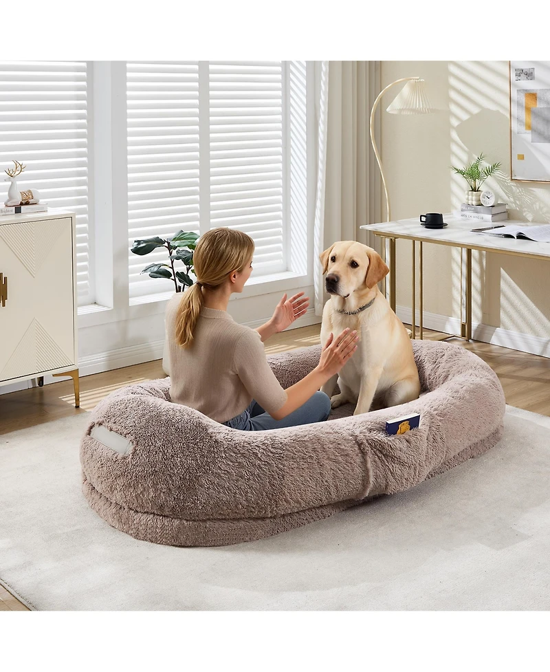 homfan Human and Pet Large Fluffy Faux Fur Bean Bag Bed Orthopedic Foam Mattress, Side Pockets, Portable Handle and Strap