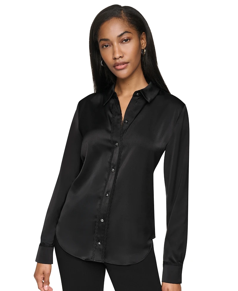 Dkny Petite Satin Front-Button Long-Sleeve Top