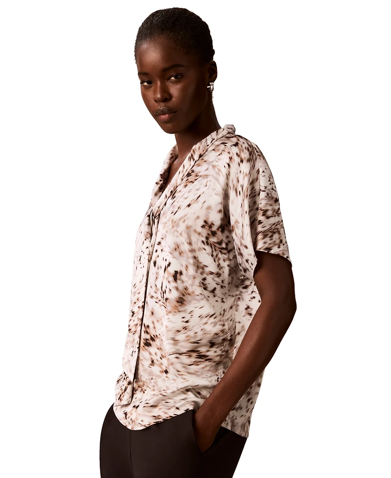 Calvin Klein Women's Printed Flat Satin Tie-Neck Blouse