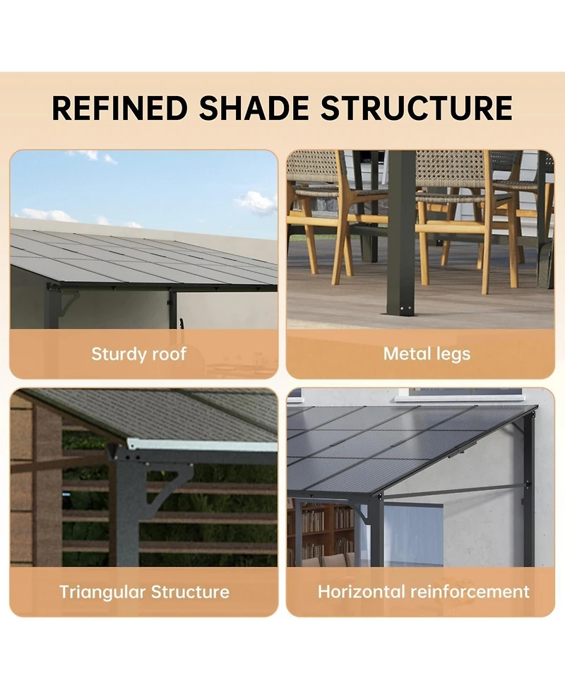 homfan Wall Mounted Gazebo Iron Frame Lean-to Canopy with Pc Roof, High-Low Patio Awning for Door Window Backyard