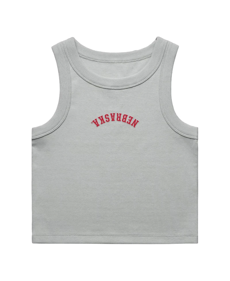 Uscape Apparel Women's Gray Nebraska Huskers Upside Down Embroidery Ribbed Cropped Tank Top
