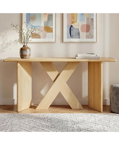 Rainsken 60" Sofa Console Table, with X Frame, Rounded Tabletop Edges, Minimalist Modern Display Shelf, for Entryway, Living Room or Hallway