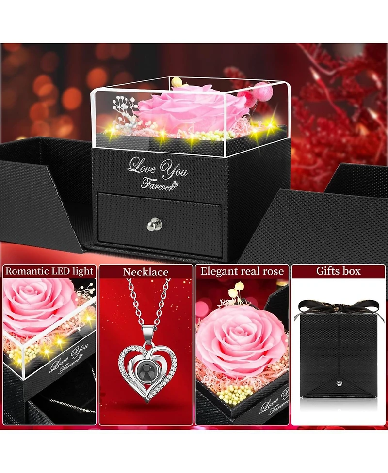 Lovery 5-Piece Preserved Rose with Led Lights, Heart Necklace and Acrylic Box Gift Set