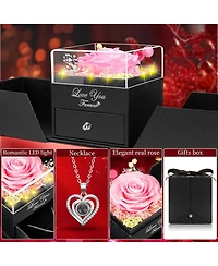 Lovery 5-Piece Preserved Rose with Led Lights, Heart Necklace and Acrylic Box Gift Set