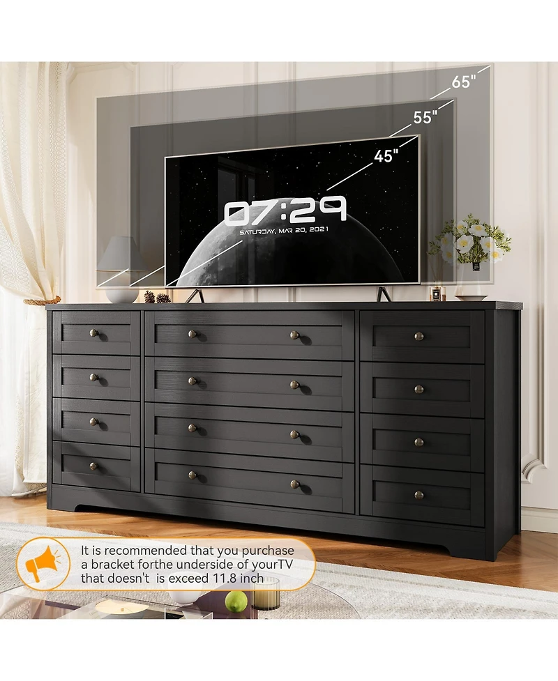 homfan Modern 12-Drawer Sturdy Wood Dresser for Bedroom, 63" Wide Chest of Drawers and Tv Stand, Deep Storage Cabinet, Ideal for Living Room, Hallway