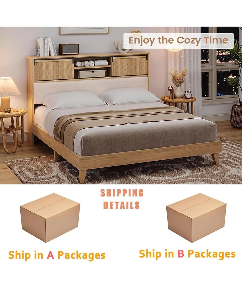 homfan King Size Oak and Rubber Wood Rattan Platform Bed, Noise-Free Pine Slat Support Bed Frame, Tool-Free Quick Assembly Bedroom Bed