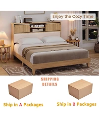 homfan King Size Oak and Rubber Wood Rattan Platform Bed, Noise-Free Pine Slat Support Bed Frame, Tool-Free Quick Assembly Bedroom Bed