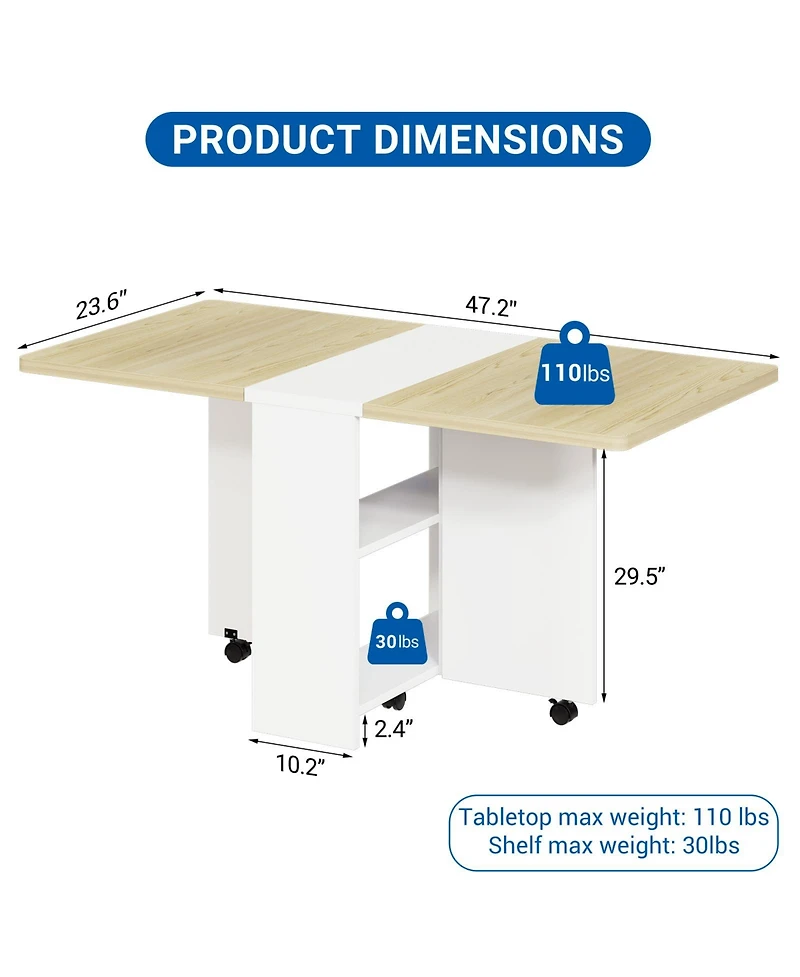 homfan Folding Drop Leaf Dining Table with 2-Tier Storage, 6 Wheels, Space-Saving Kitchen Table for Dining Room and Home Office
