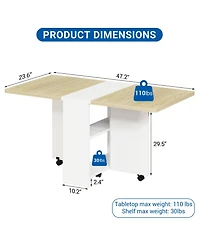 homfan Folding Drop Leaf Dining Table with 2-Tier Storage, 6 Wheels, Space-Saving Kitchen Table for Dining Room and Home Office
