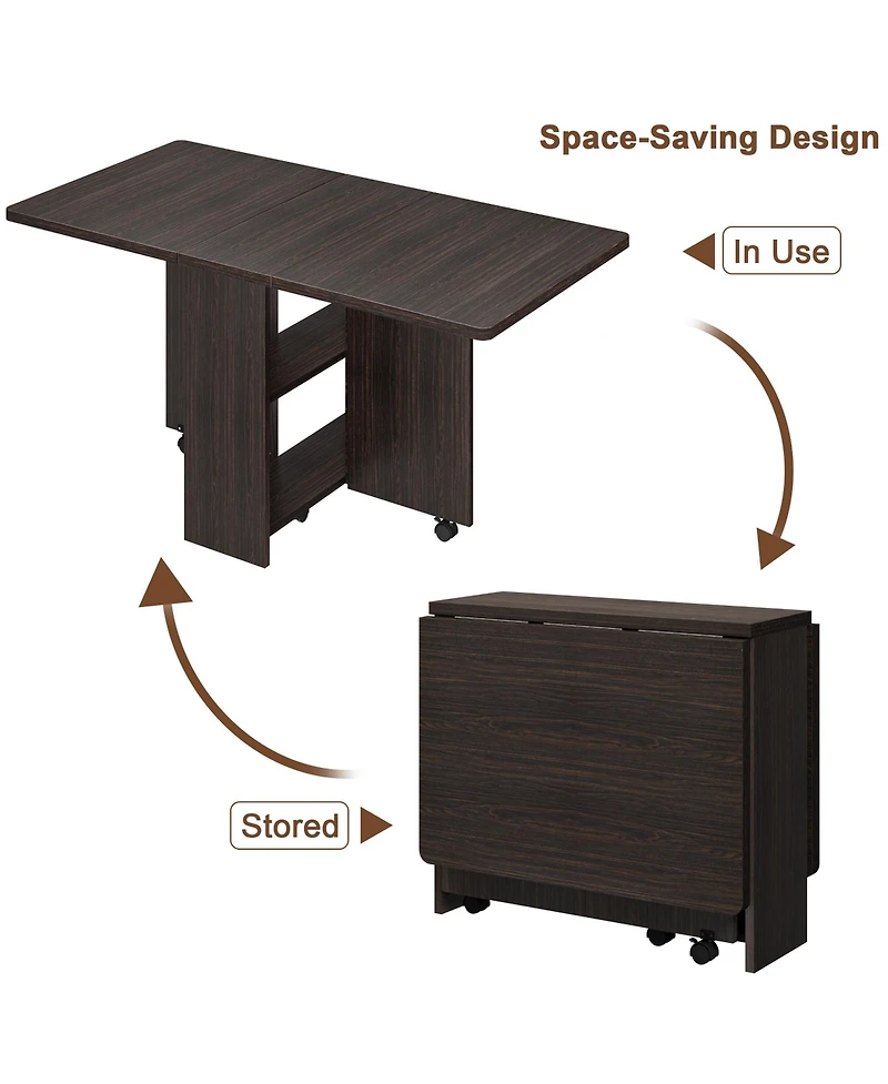 homfan Folding Drop Leaf Dining Table with 2-Tier Storage, 6 Wheels, Space-Saving Kitchen for Room and Home Office