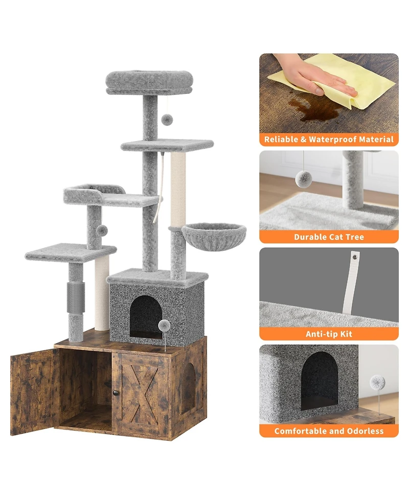 homfan Cat Tree with Litter Box Enclosure Large, Multilevel Play House Condo, Spacious Hammock, Cozy Top Perch, Scratching Post & Balls