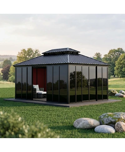 homfan 12 x 16 Ft Metal Roof Gazebo House with Aluminum Alloy and Steel Frame and Acrylic Panels for Backyard, Patio