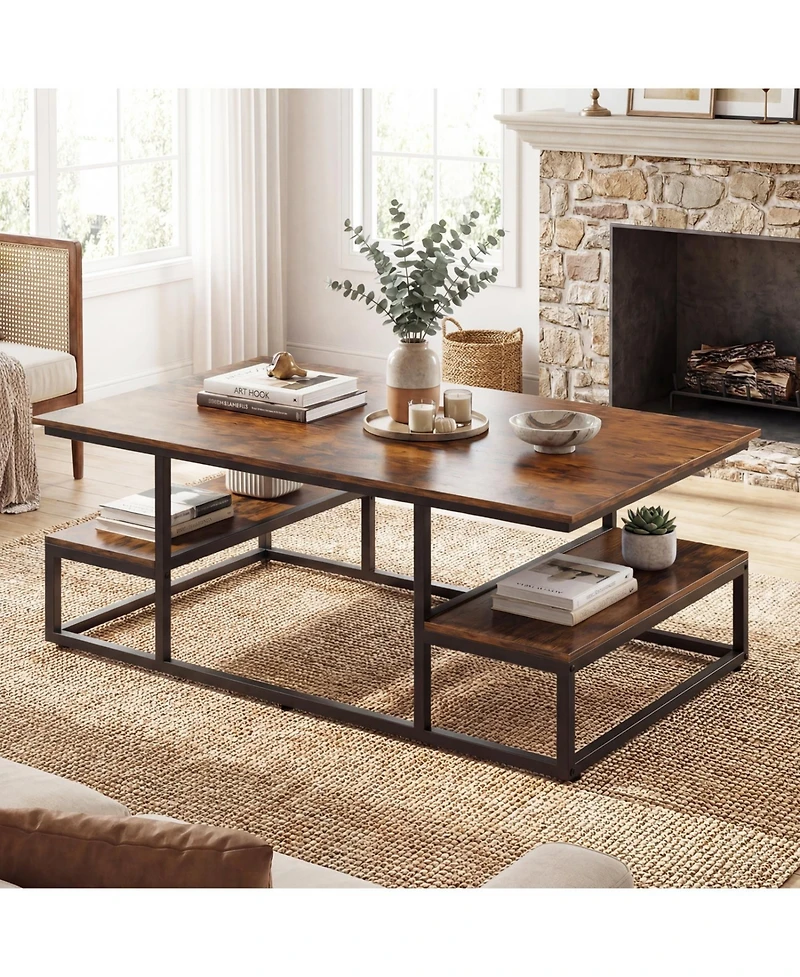 Slickblue Modern Rectangle Coffee Table with Storage Shelf and Open Display Design