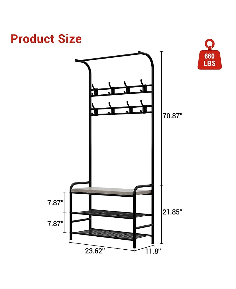 homfan 3-in-1 Hallway Coat Rack with Shoe Bench, Sturdy Iron and Wood Multi-shelf Storage Organizer for Entryway Home Office