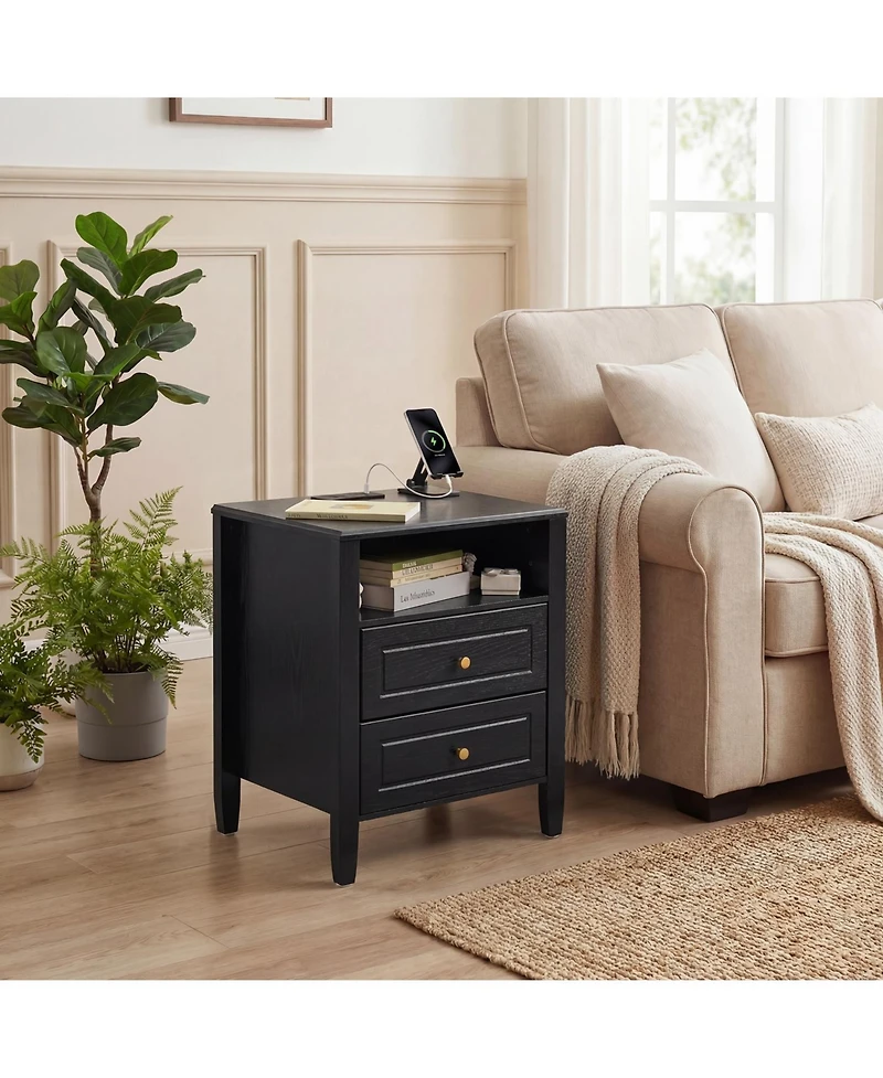 homfan Modern Bedside Table with Charging Station, 2 Drawers and Open Storage, Gold Knobs Tapered Legs, Bedroom Side Cabinet for