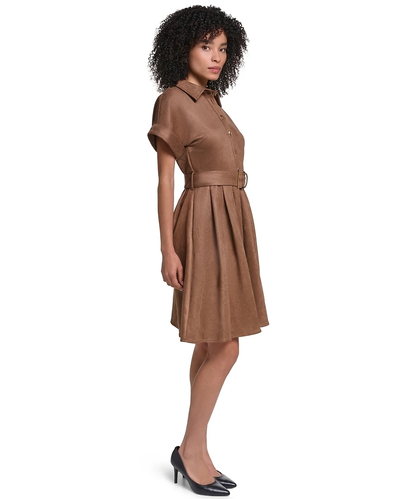 Karl Lagerfeld Paris Women's Faux Suede Belted Shirtdress