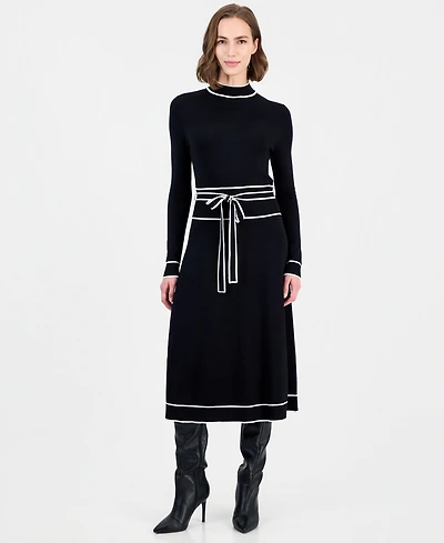 T Tahari Women's Long Sleeve Mock Neck Belted Dress