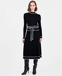 T Tahari Women's Long Sleeve Mock Neck Belted Dress