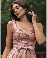 Mac Duggal Petite Pink Floral Brocade Square-Neck Midi Dress