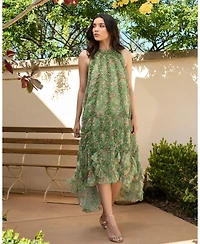 Mac Duggal Women's Sleeveless Floral Chiffon Midi Dress with Ruffles