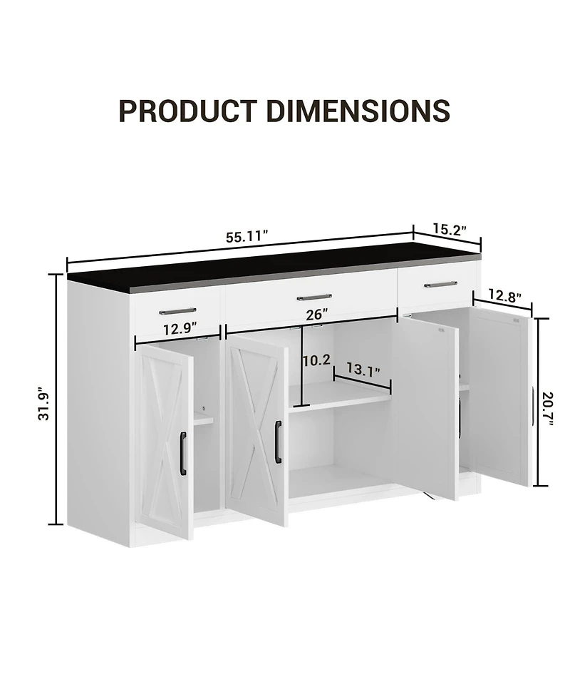 gaomon 55" Sideboard Buffet Cabinet, Large Coffee Bar Cabinet with 3 Drawers and Adjustable Shelf, Floor Cupboard for Kitchen, Living Room