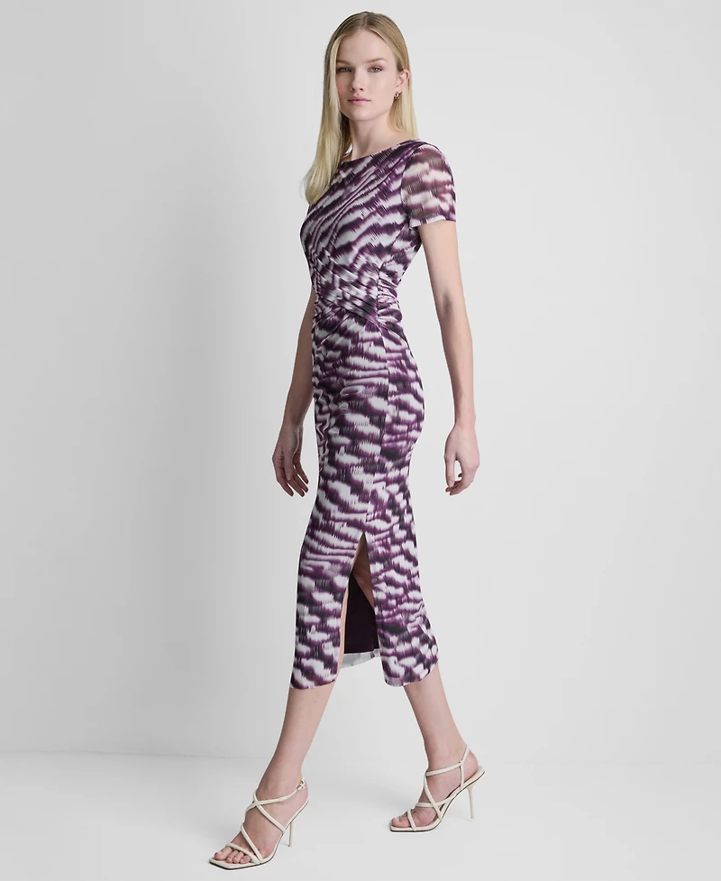 Dkny Women's Printed Side Knot Mesh Midi Dress