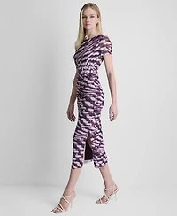 Dkny Women's Printed Side Knot Mesh Midi Dress