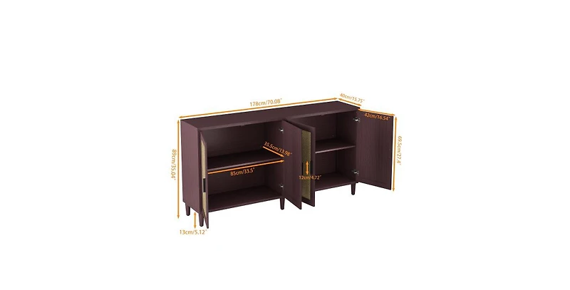flynama 70 Inch Rattan Four-Door Sideboard Mdf Solid Wood Leg Adjustable Shelf Easy Assembly Home Storage Cabinet