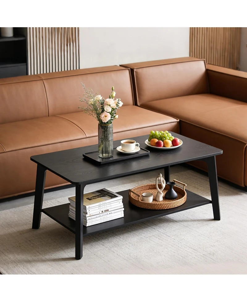 homfan Modern 2-Tier Coffee Table with Storage Shelf, Curved Edges and Tapered Legs, 21.7" x 39.4" x 17.7" Living Room Center Table