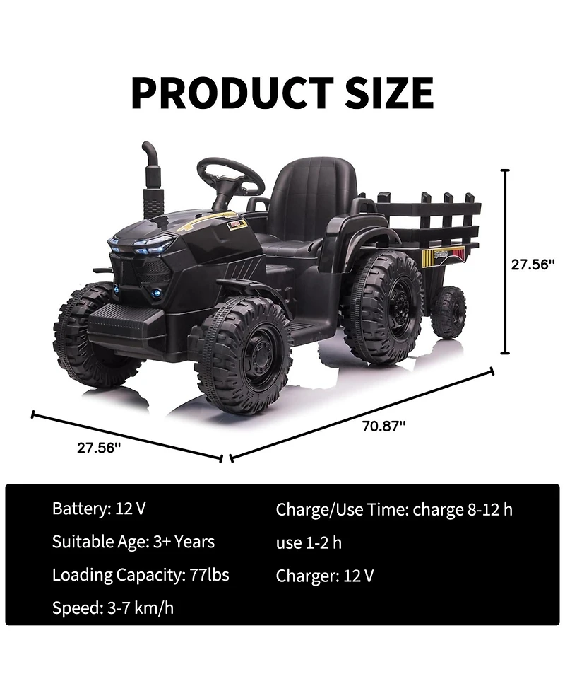homfan 12V Ride On Tractor with Trailer, Dual 40W Motors, Led Headlights, Usb/MP3, Outdoor Backyard Play
