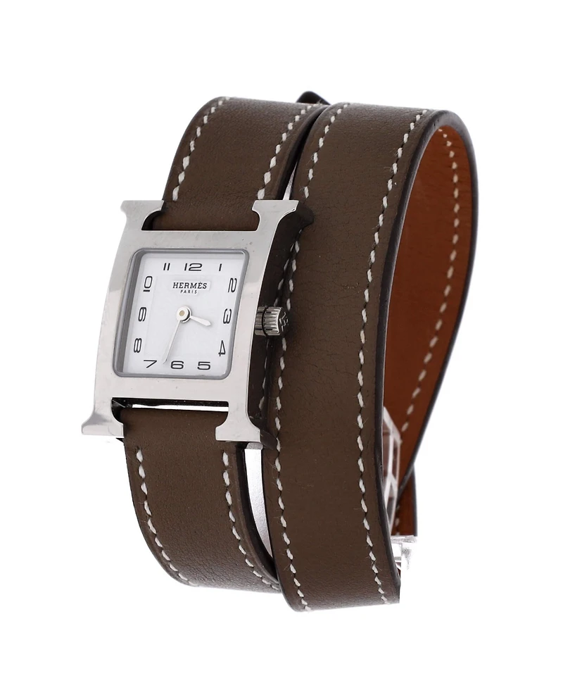 Pre-Owned HERMES Heure H Double Tour Quartz Watch in Stainless Steel and Leather 21mm