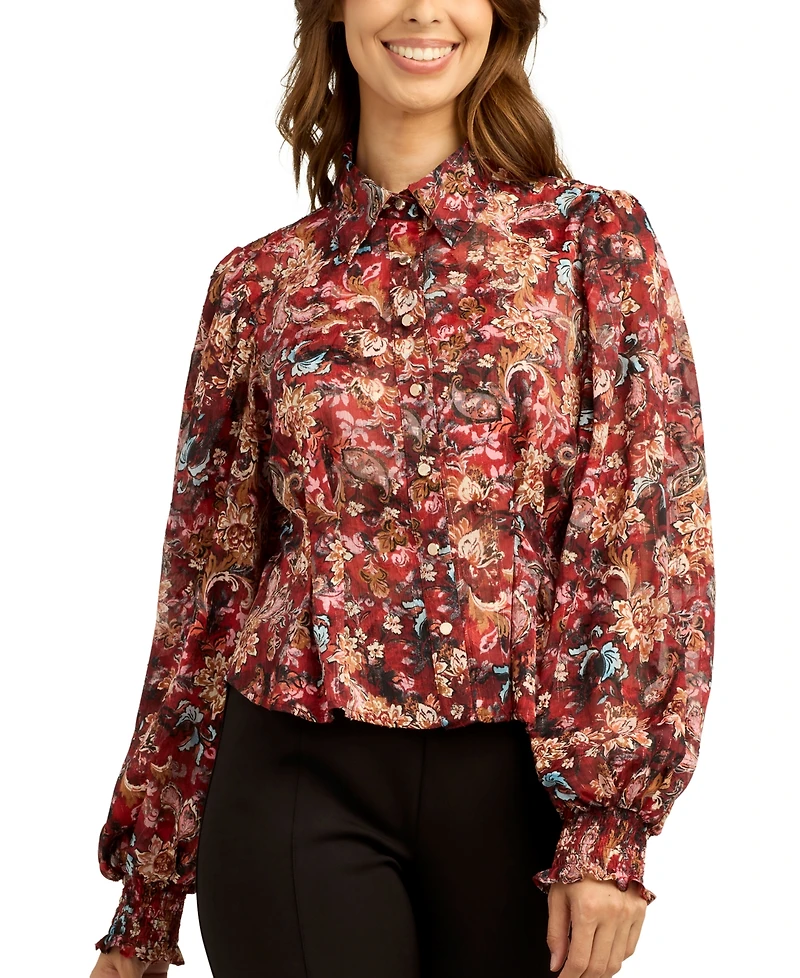 Bcx Juniors' Satin Stripe Lurex Collared Button-Up Shirt